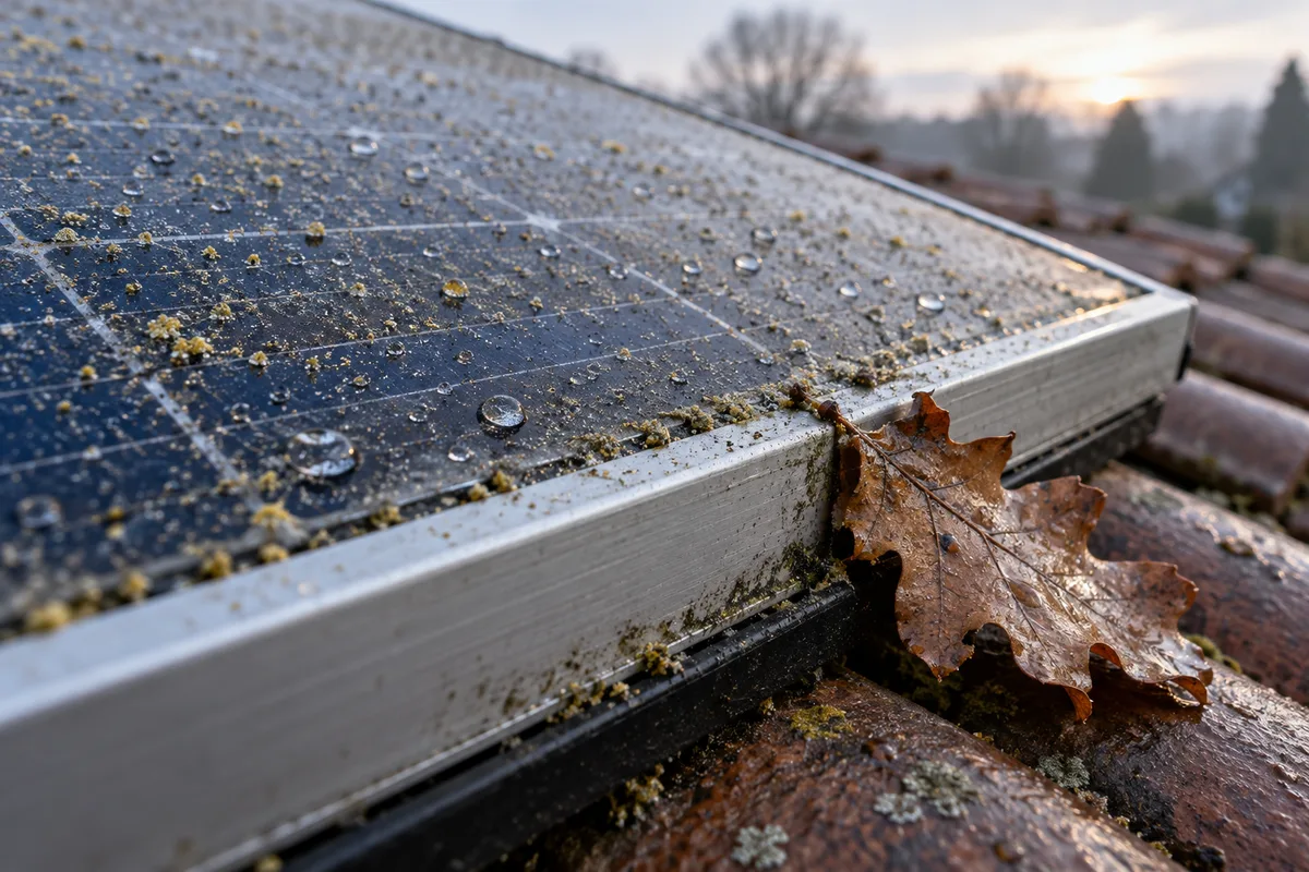 Bord inférieur d’un module photovoltaïque voilé de suie et de pollen, une feuille de chêne coincée contre le cadre