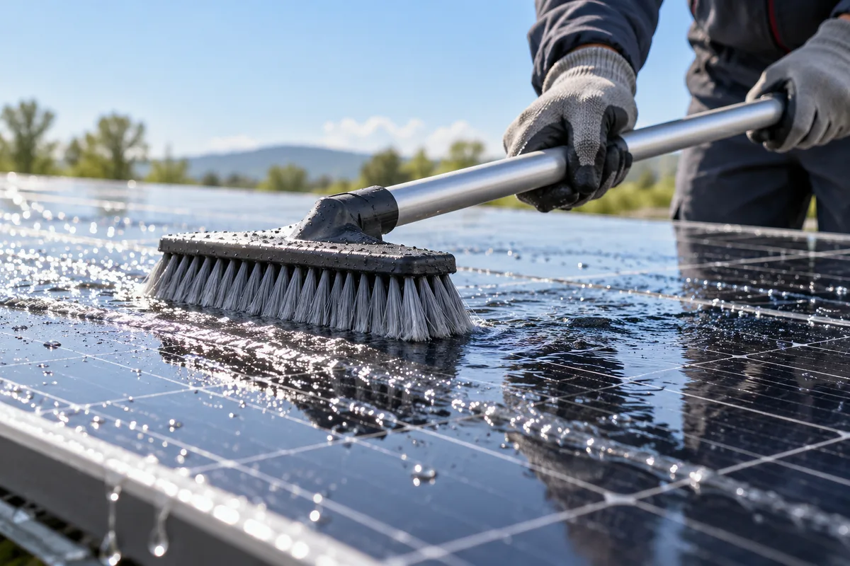 Mains gantées guidant une brosse souple sur le verre mouillé d’un module photovoltaïque noir