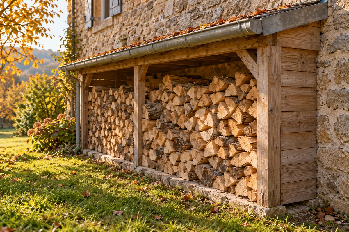 Abri à bois rempli de bûches sèches contre un mur de pierre, sous une gouttière en zinc