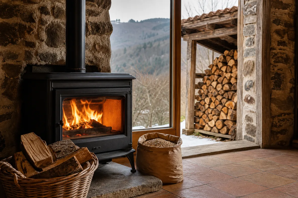Bûches de chêne et de hêtre empilées sous un abri de bois ouvert