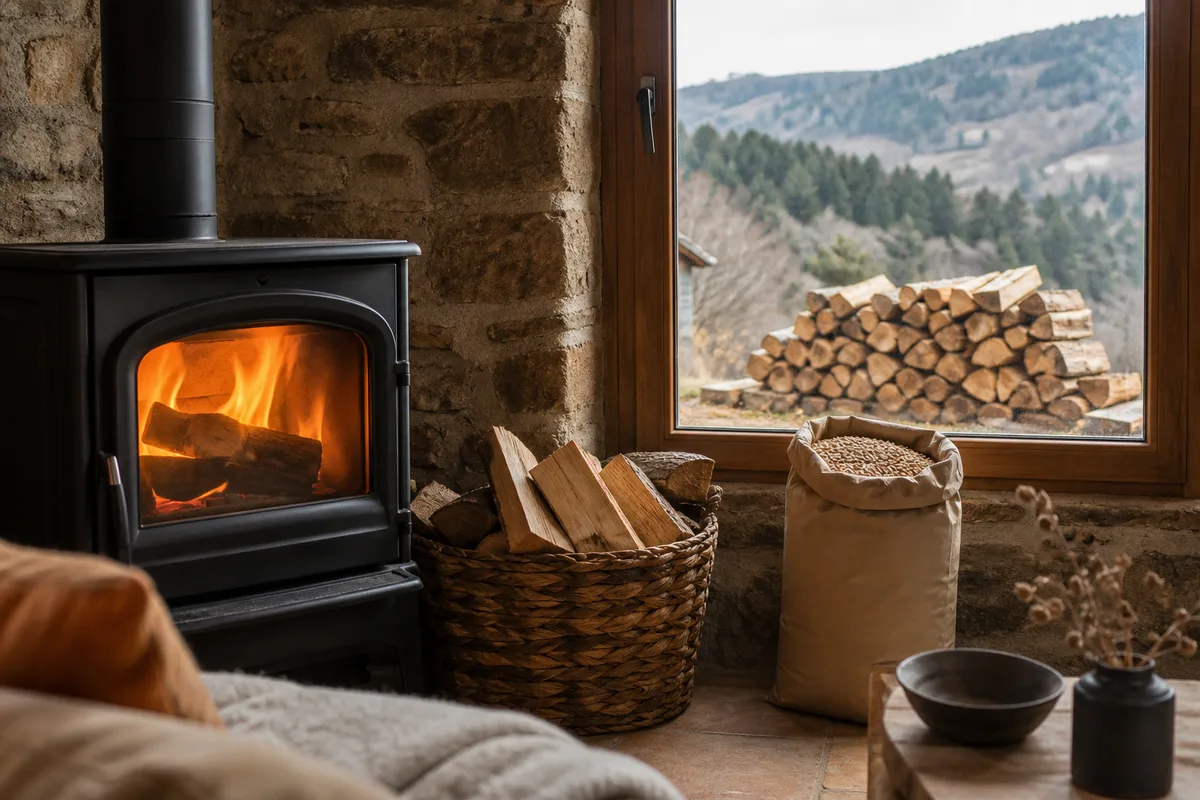 Livraison de bois de chauffage déchargée devant une maison de campagne