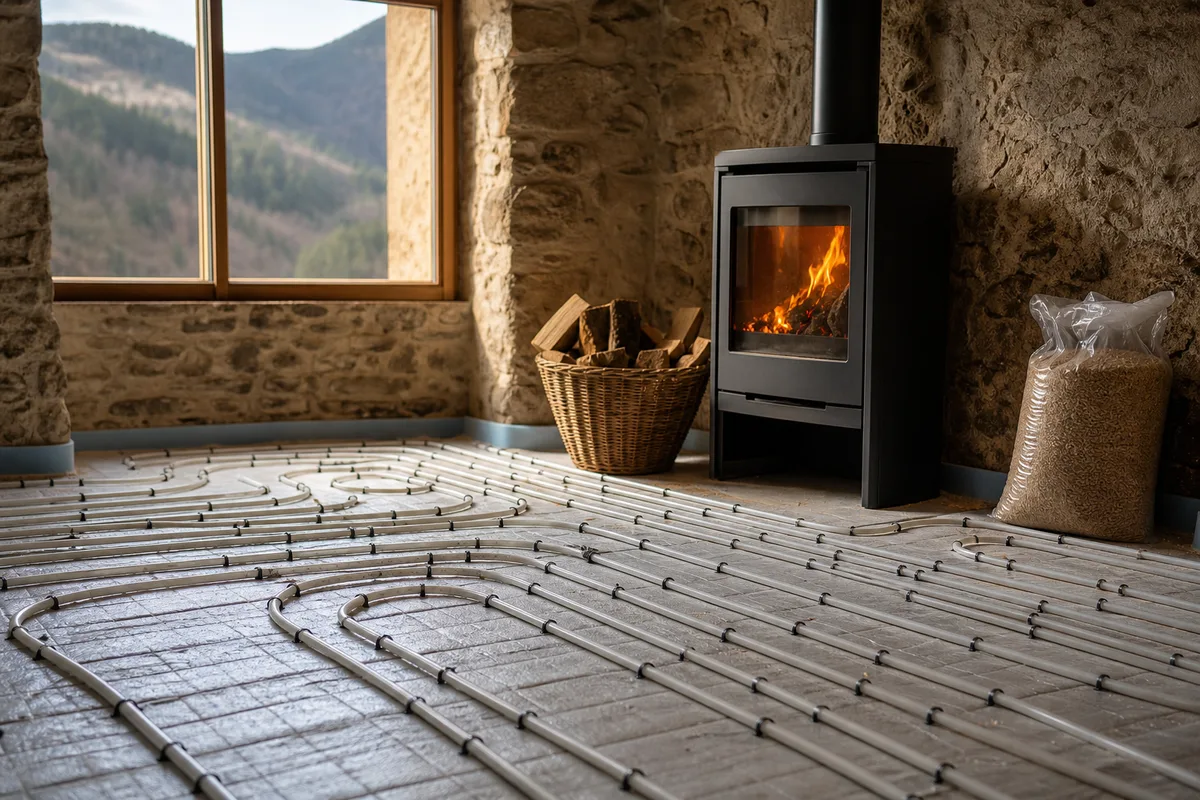 Réseau de tubes de plancher chauffant posé sur panneaux isolants avant chape