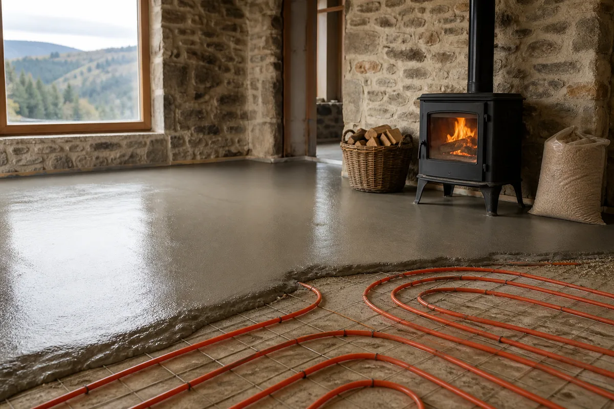 Chape fluide coulée sur un réseau de plancher chauffant dans une maison en rénovation