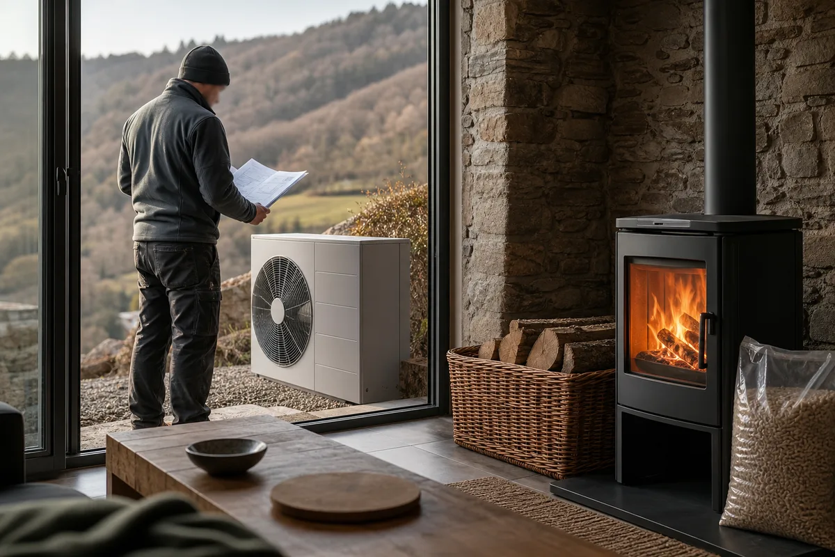 Installateur consultant un dossier technique devant une pompe à chaleur extérieure