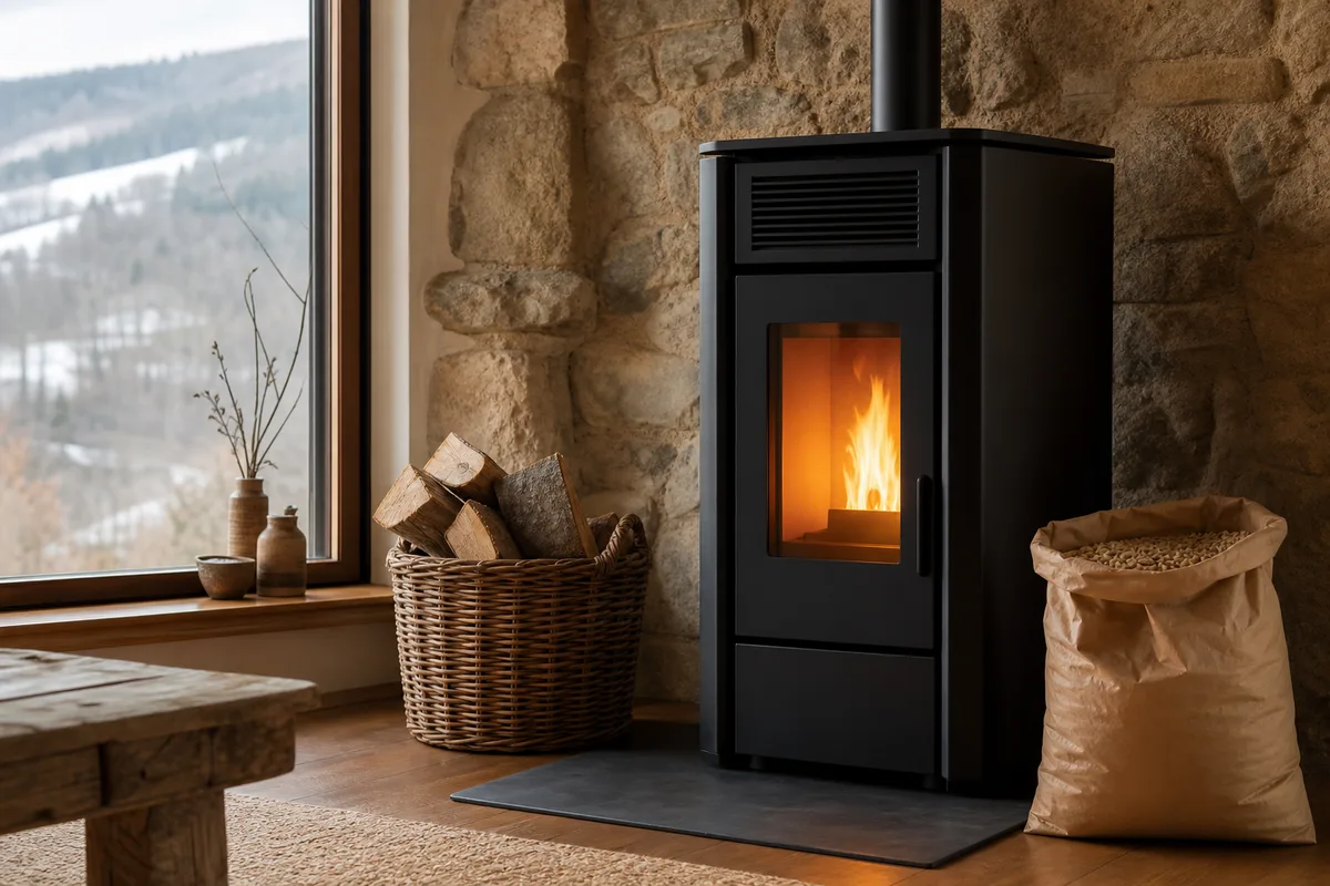 Poêle à granulés moderne installé dans un séjour de maison en pierre